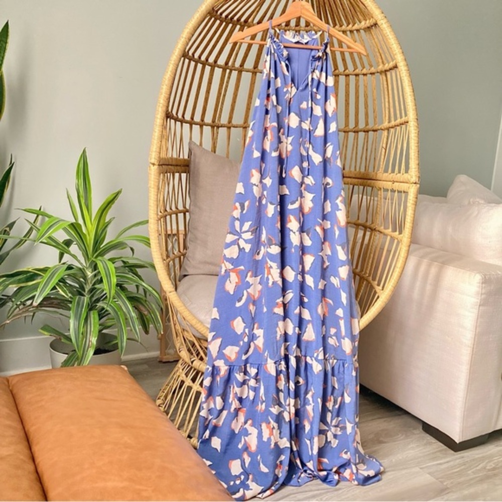 Nine West Dress Linen Blue and Cream Floral Maxi Dress XL - Picture 2 of 6